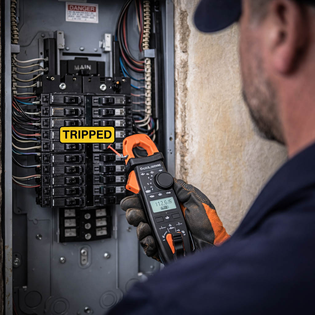 Close-up of an electrician testing a breaker box with a clamp meter while diagnosing electrical issues in a residential panel