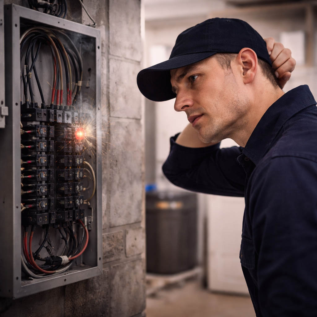 Homeowner inspecting a residential electrical panel with a tripped breaker and visible electrical fault, indicating a recurring breaker issue