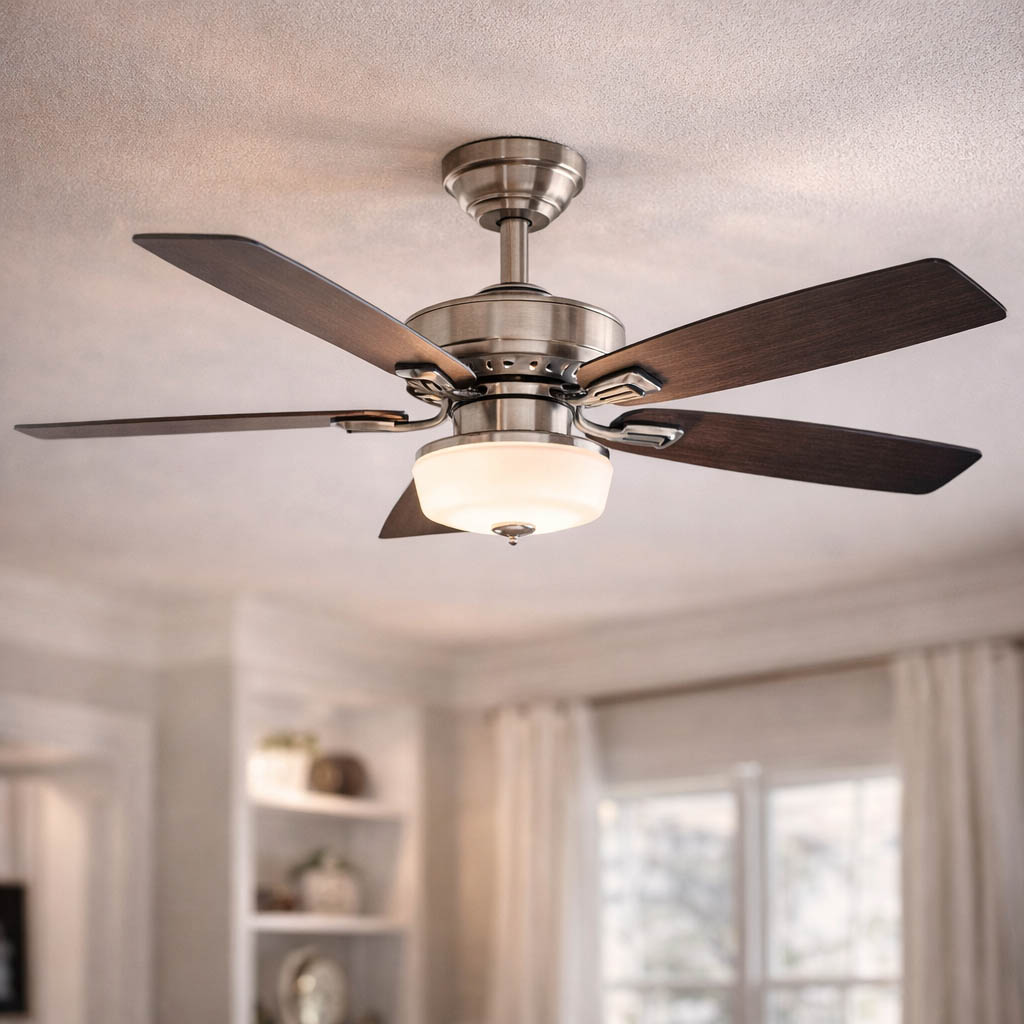 Ceiling fan installed on a residential ceiling with integrated light fixture, providing air circulation and lighting in a modern home interior