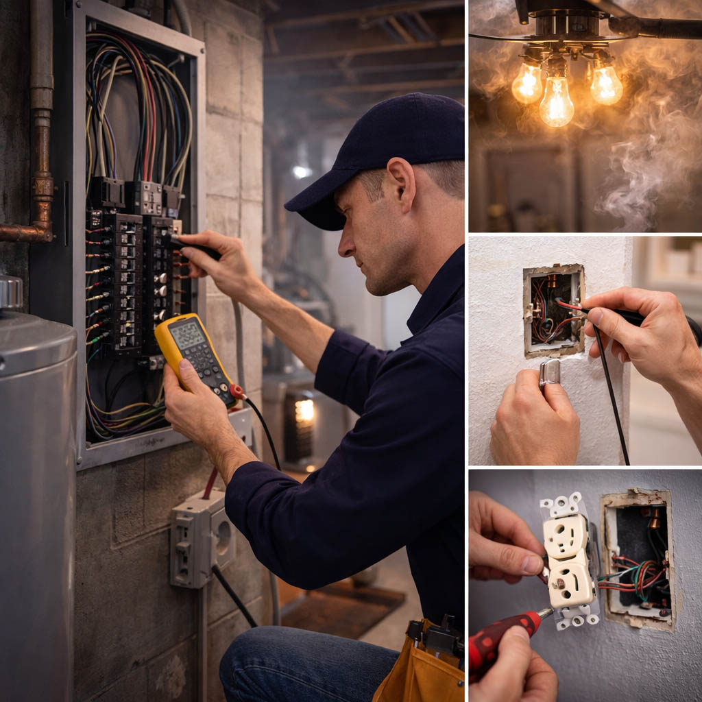 Electrician diagnosing a residential electrical panel and repairing outlets and lighting issues in a home, representing common electrical needs in Boca Raton