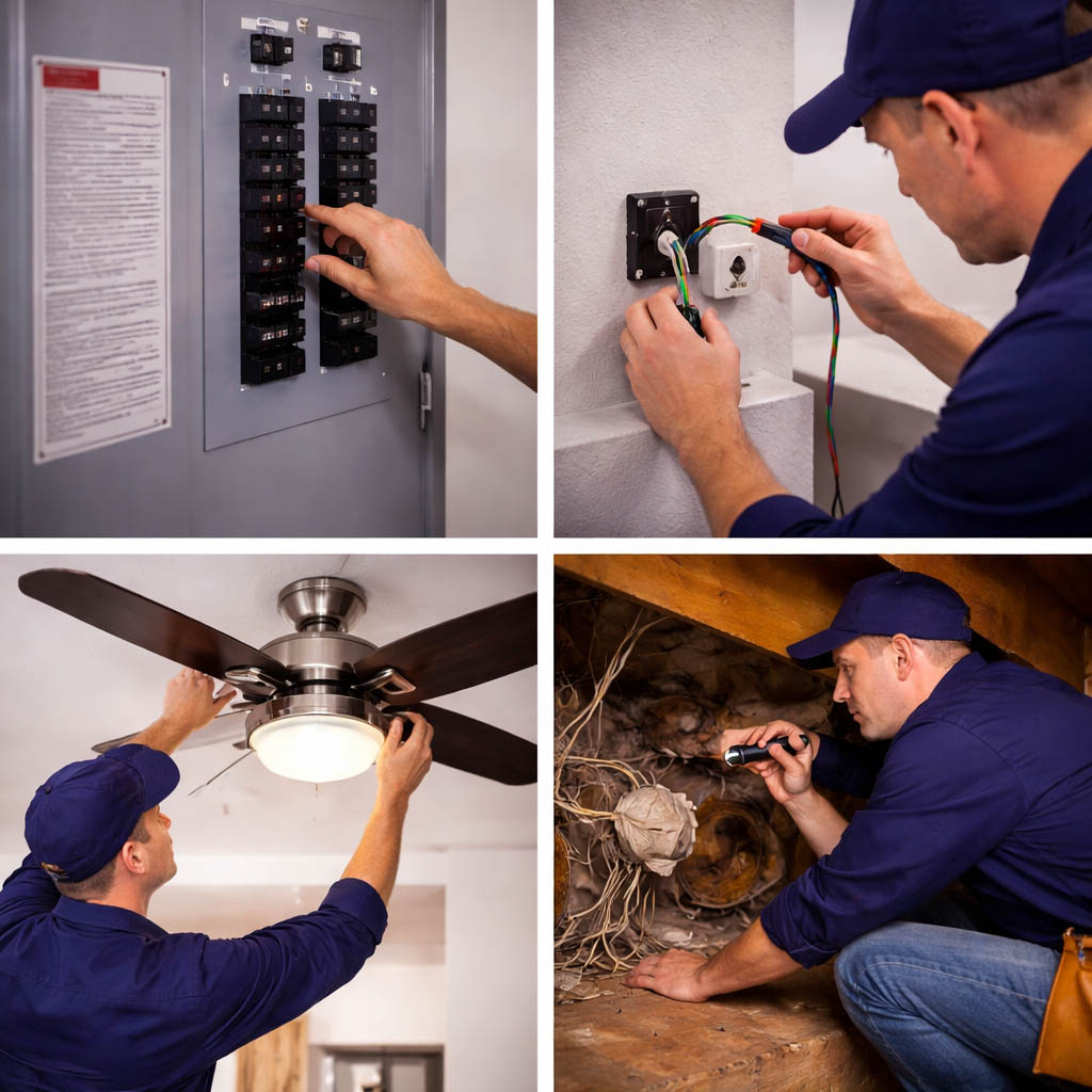 Collage of residential electrical work including breaker panel repair, outlet wiring, ceiling fan installation, and attic wiring inspection in a home setting