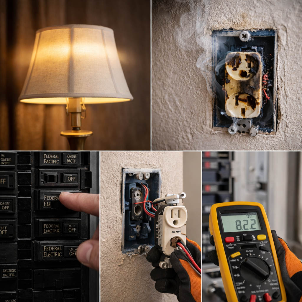 Collage showing common residential electrical issues including flickering light, burnt outlet, tripped breaker, faulty wiring, and voltage testing with a multimeter