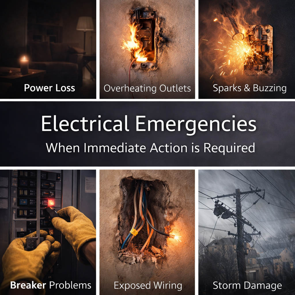 Collage showing electrical emergency signs including power loss, overheating outlets, sparks, breaker issues, exposed wiring, and storm-related electrical damage