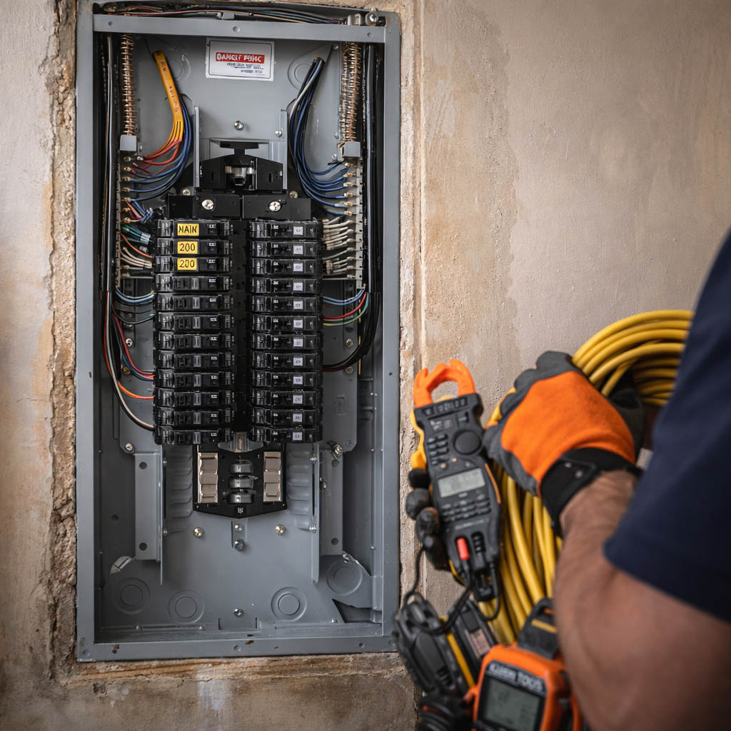 Close-up of a newly installed residential electrical panel with organized breakers and wiring during panel upgrade work