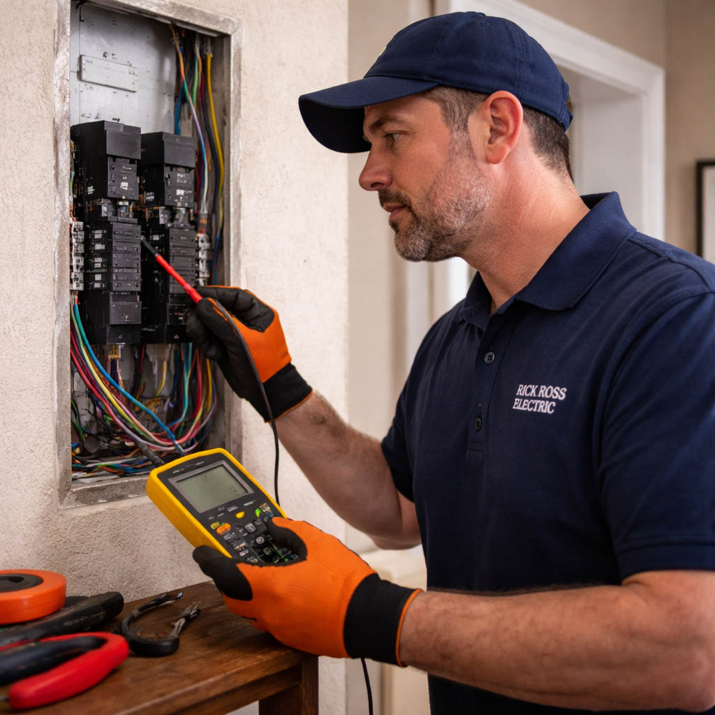 Close-up of an electrician testing circuits inside a residential electrical panel using a multimeter during troubleshooting work