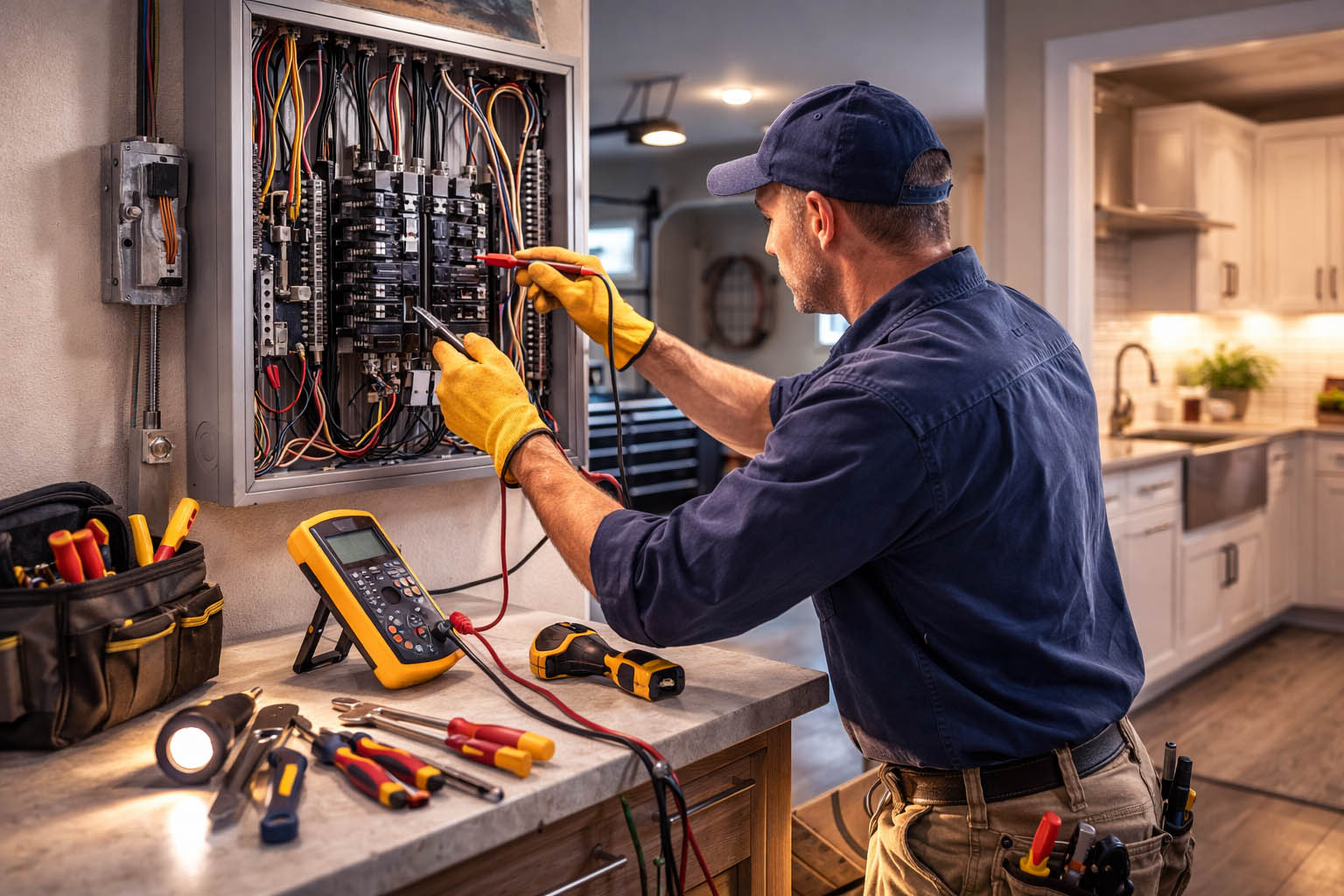Electrician troubleshooting a residential electrical panel in a garage setting using a multimeter to diagnose wiring issues