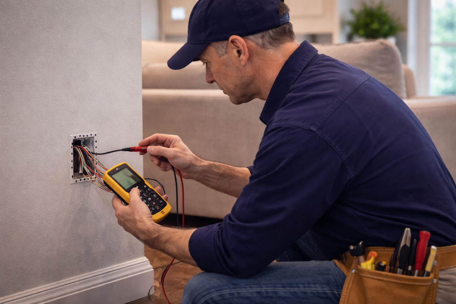 Electrician diagnosing a residential outlet with a multimeter, testing wiring to identify electrical issues and ensure proper repair