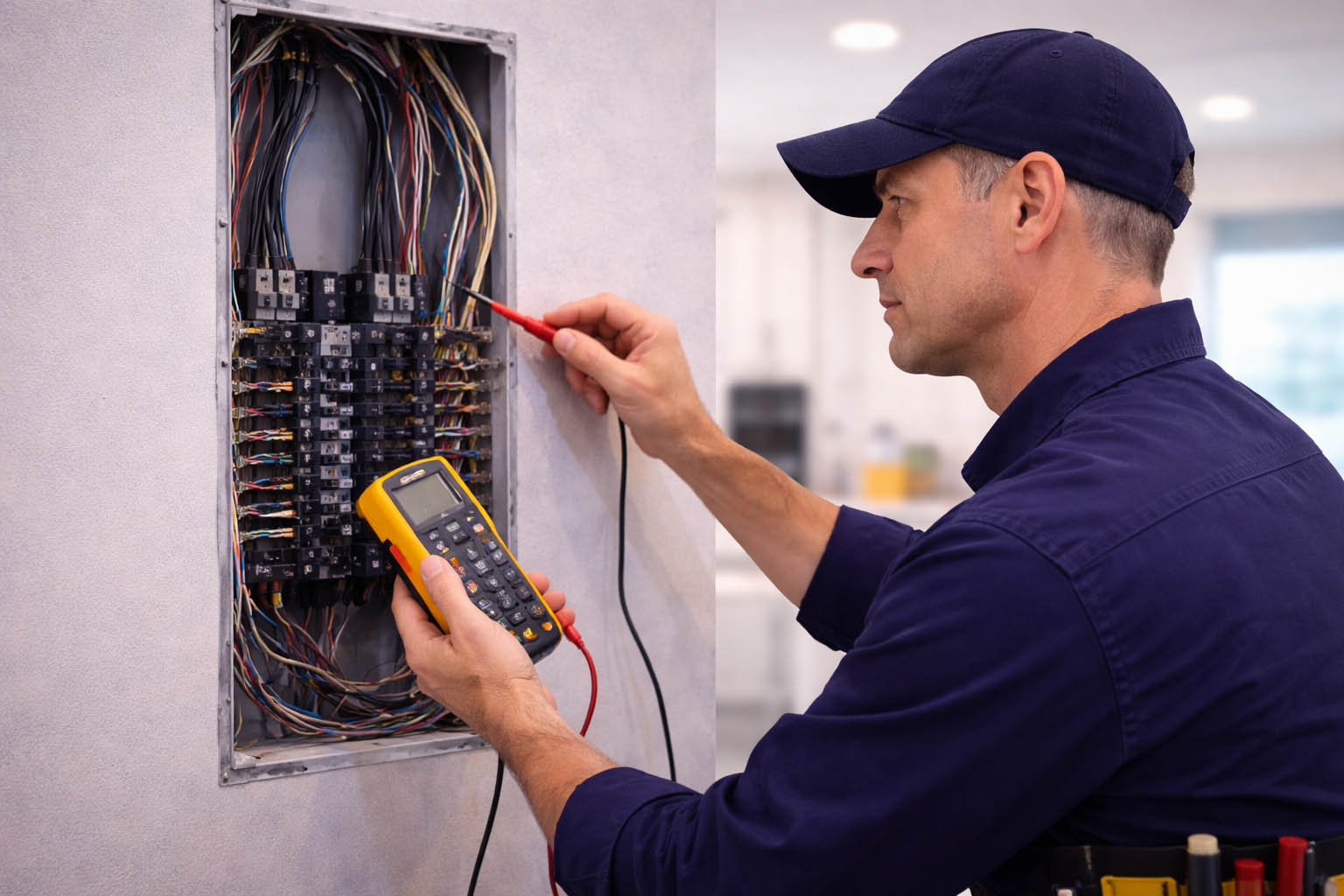 Electrician using a digital multimeter to diagnose wiring and breakers inside a residential electrical panel during troubleshooting and repair