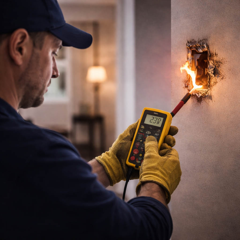 Electrician holding a digital multimeter with both hands while testing a damaged electrical outlet during emergency troubleshooting