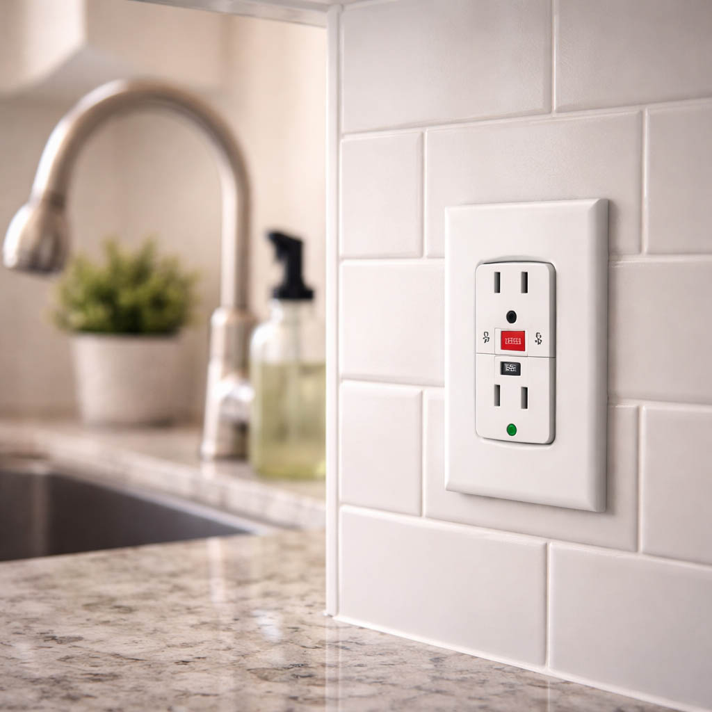 Close-up of a GFCI outlet installed on a kitchen backsplash near a sink, showing test and reset buttons for electrical safety