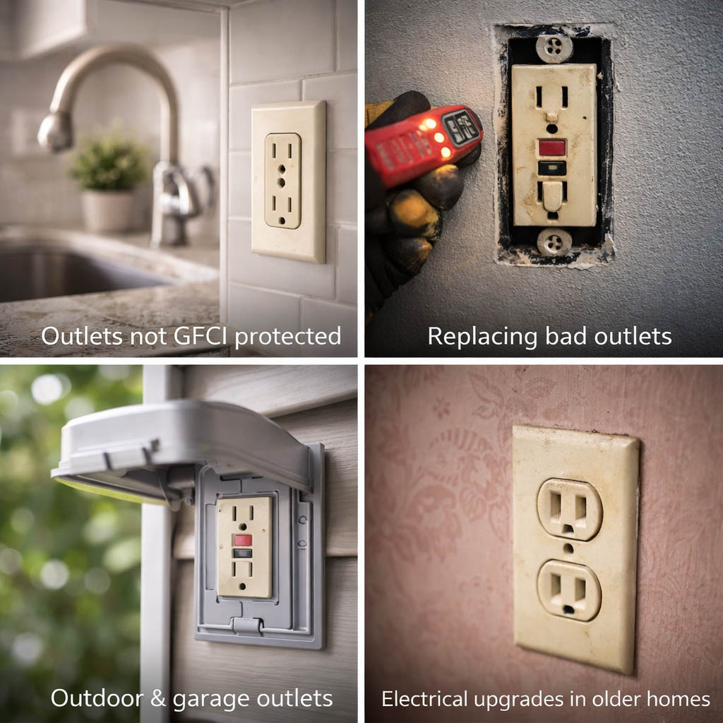 Collage showing common reasons for GFCI outlet installation including outdated outlets, faulty receptacles, outdoor outlet protection, and electrical upgrades in older homes