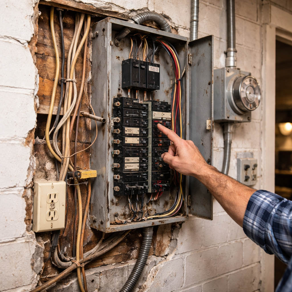 Electrician inspecting an older home electrical panel with aging wiring and outdated components in a residential interior setting