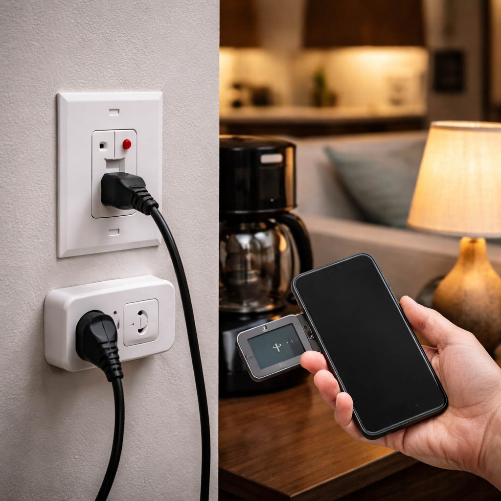 Close-up of a residential wall outlet with a plugged device and reset button, showing a non-working outlet scenario in a home setting