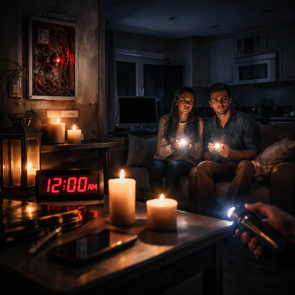 Dimly lit living room during a power outage with candles and flashlights highlighting loss of electricity in a residential home