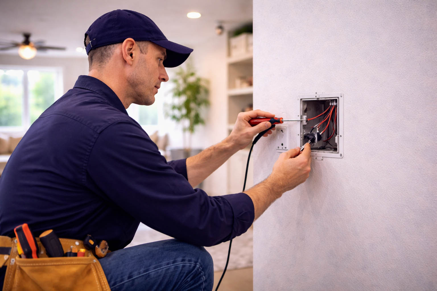 Electrician repairing a residential light switch with exposed wiring in a modern living room setting, facing right side in Boca Raton