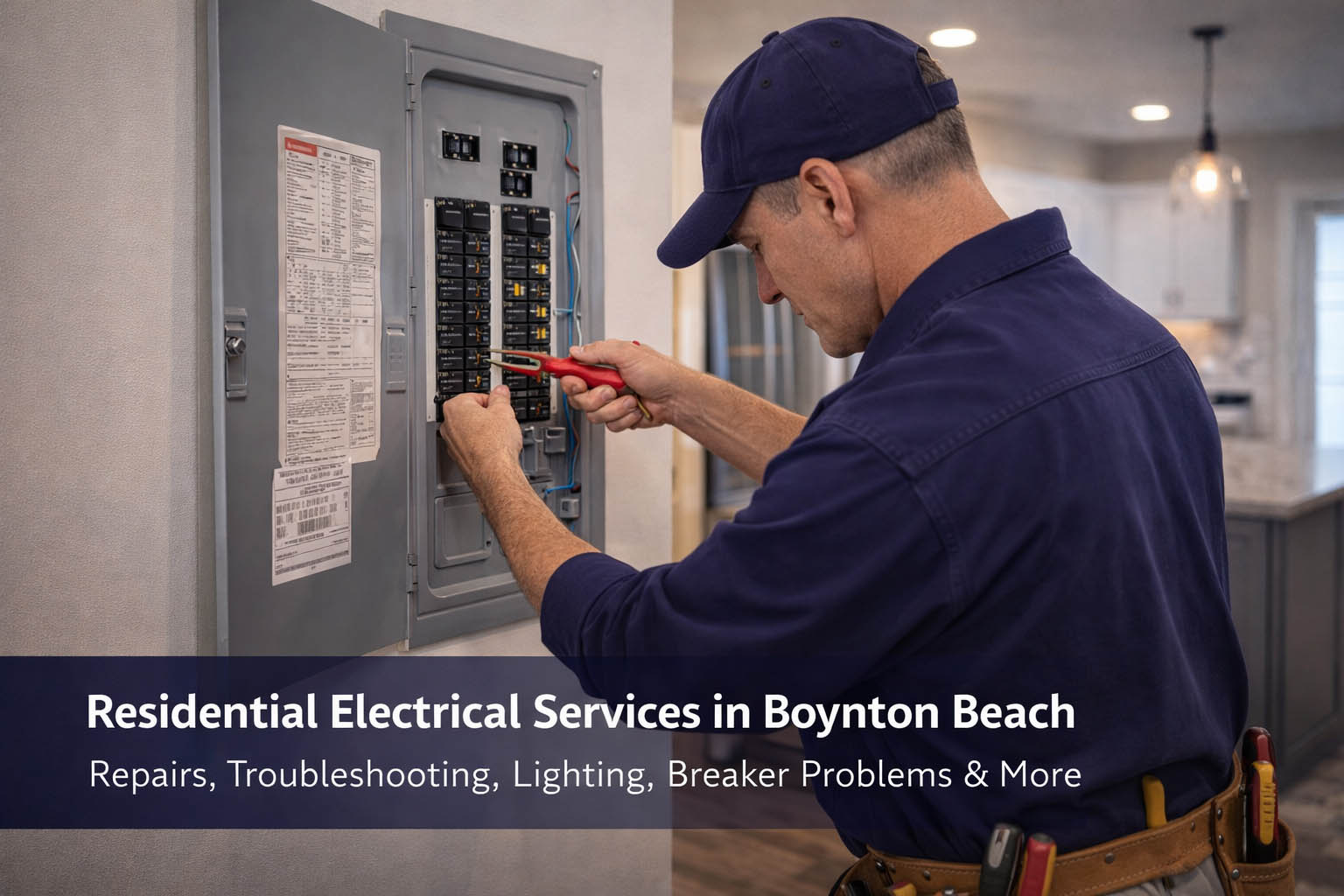 Electrician working on a residential electrical panel in a home, representing electrical repairs and service work in Boynton Beach