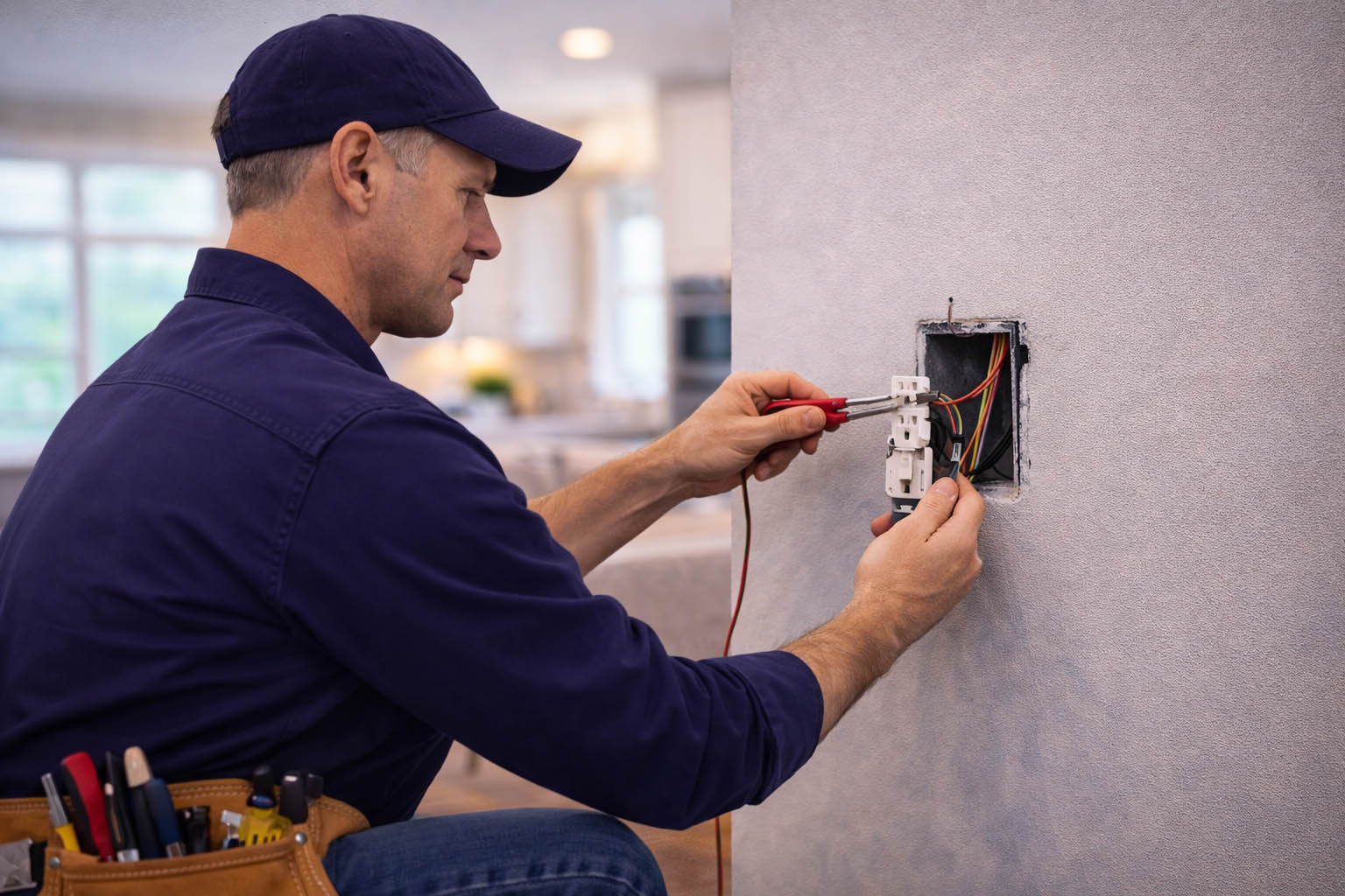 Electrician installing a residential wall outlet with exposed wiring, facing right side in a home setting in Delray Beach