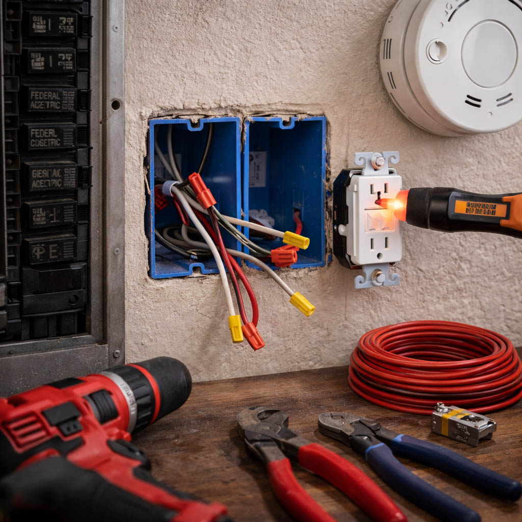 Close-up of residential electrical outlet wiring and tools during repair and installation work in a home