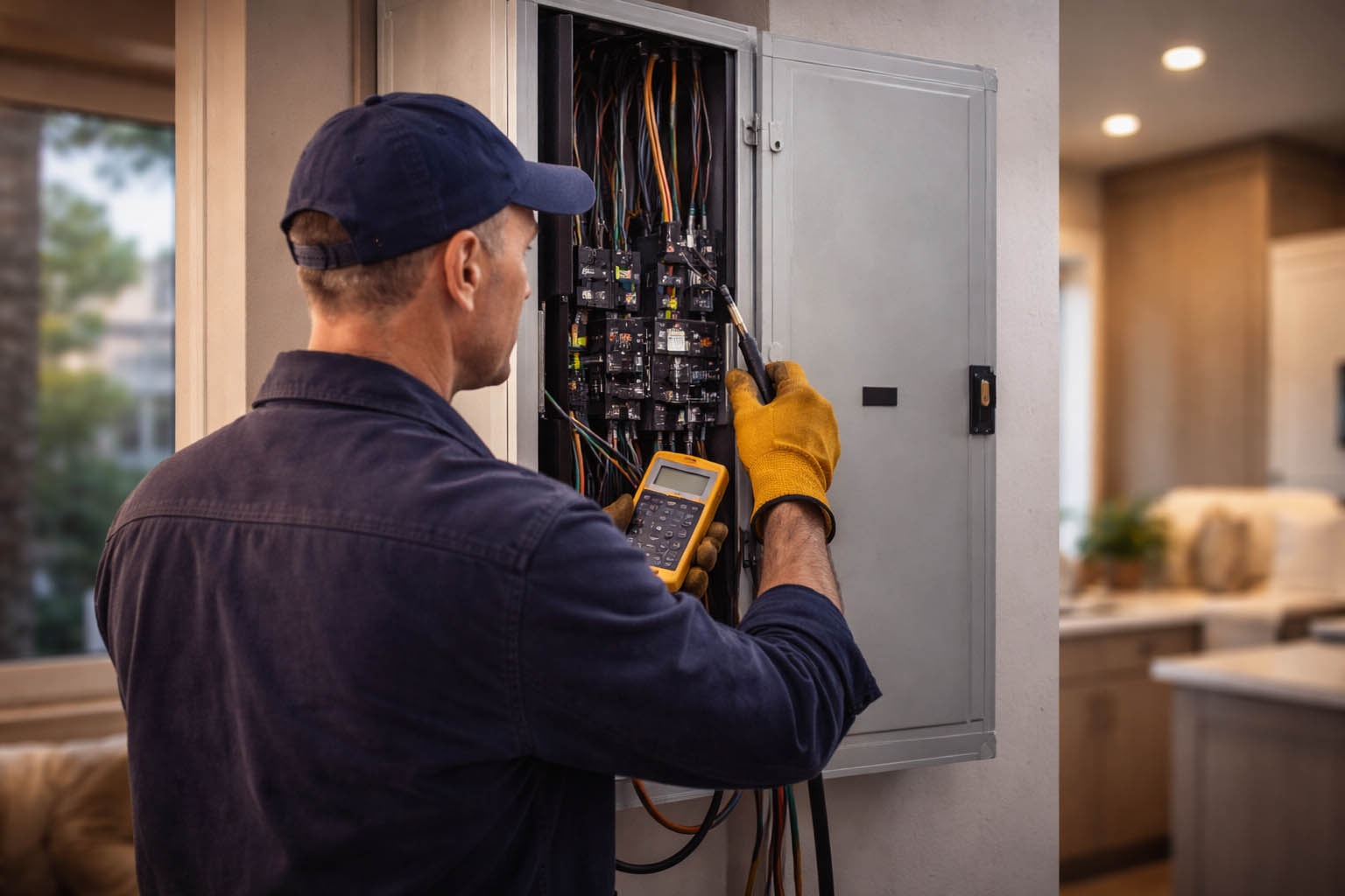 Electrician testing a residential electrical panel with a multimeter inside a home during troubleshooting and repair work