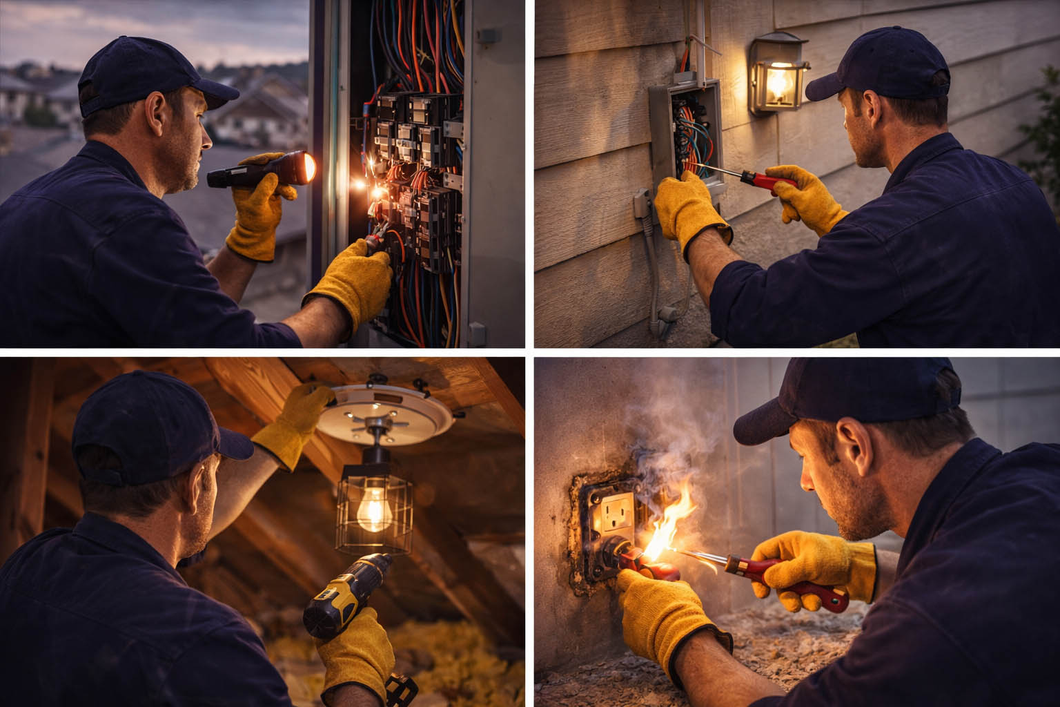 Collage showing residential electrical services including panel troubleshooting, outdoor wiring repair, ceiling light installation, and outlet repair in a home